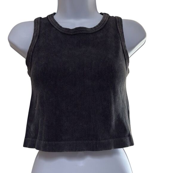 Happily Grey Tank Top Sleeveless Shirt Black Ribbed Crew High Neck Cropped M/L - Picture 1 of 6